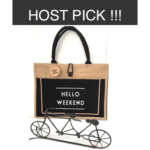 ❌SOLD❌ NWT HELLO WEEKEND Cute Burlap Tote - Picture 2 of 10